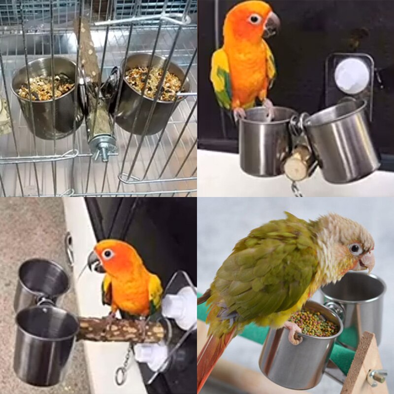 Stainless Steel Bird Feeder Parrot Cup Container With Holder Food Bowl For Macaw African Greys Budgies Parakeet Cockatiel