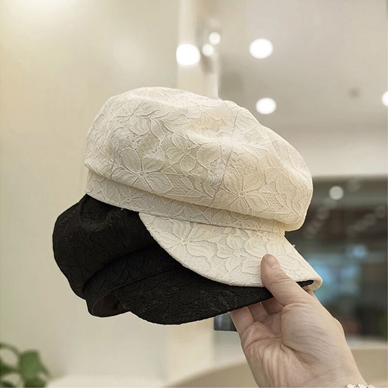 Foux Newsboy Caps Summer Spring Women Lace Thin Pure Color Breathable Baker Boy Painter Hat Adjustable Korea Japanese