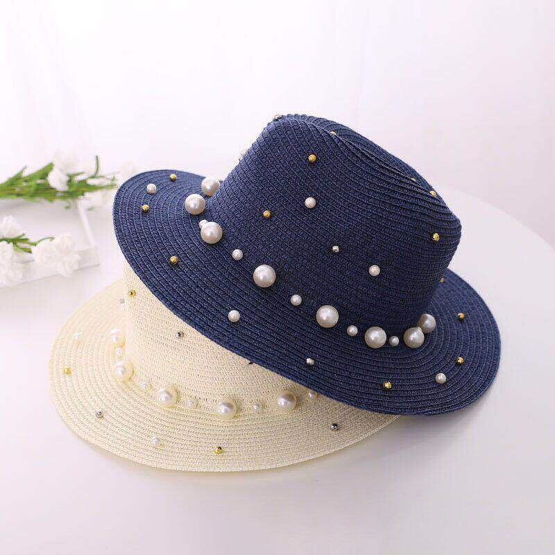 summer ladies spring hats flower beads wide brim jazz panama straw sun visor beach hat flower rivet pearl straw hat cap