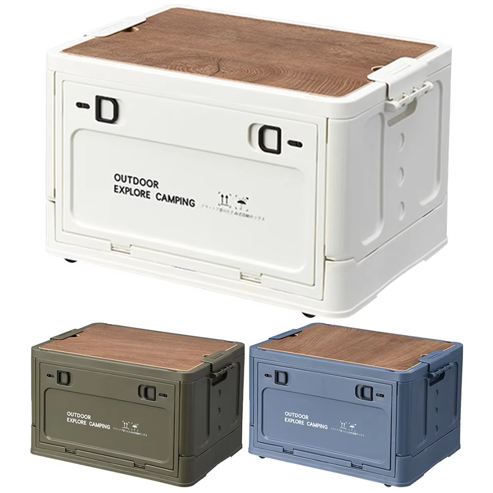 30L faltbare Aufbewahrungsbox mit Holzdeckel, Kunststoff-Aufbewahrungsbehälter mit großem Fassungsvermögen, multifunktional, zum Aufbewahren von Picknickzubehör, Snacks und mehr