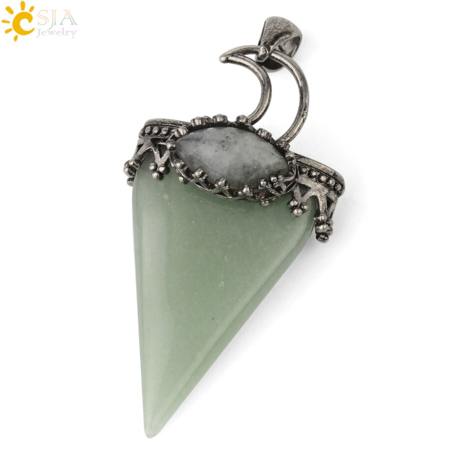 CSJA Natural Stone Triangle Pendant Necklace Antique Silver-color Crown Moon Labradorite Geometric Women Men Trendy Jewelry G324: Green Aventurine