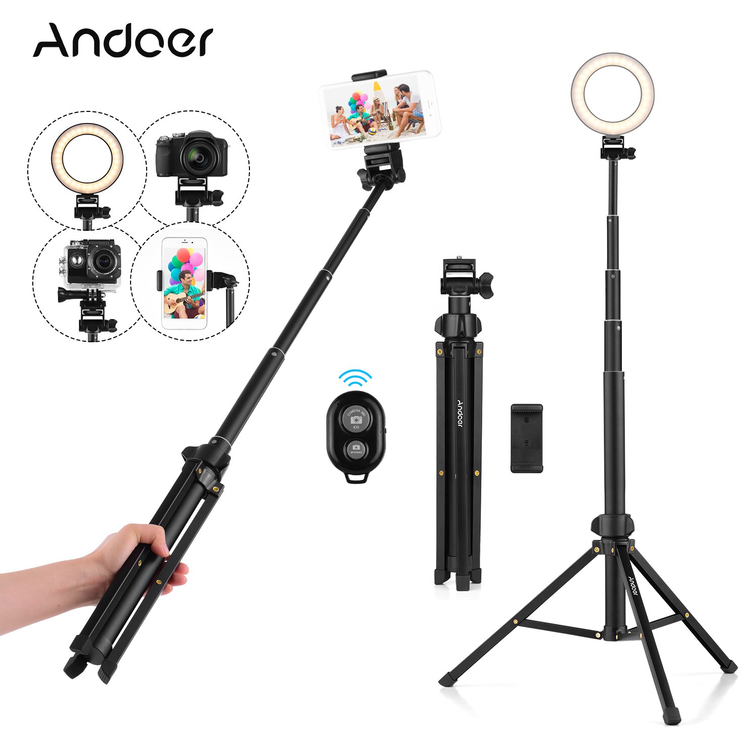 Andoer 1.5M/59 &quot;2-In-1 Statief + Uitschuifbare Selfie Stok Aluminium Legering Met telefoon Houder Afstandsbediening Sluiter Voor Iphone Android
