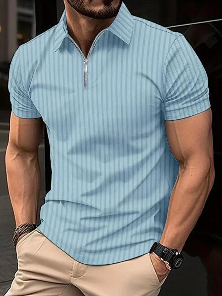 Camiseta Polo informal de negocios ligera de manga corta a la a rayas de verano para hombre, camiseta de manga corta de oficina elástica sólida con media cremallera