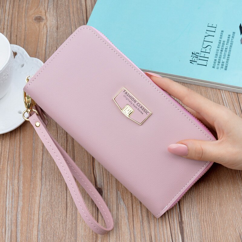 Women Wallet Long Leather Zip Wallet women’ sClutch Bag Simple European and American Large Capacity Mobile Phone Bag: Pink