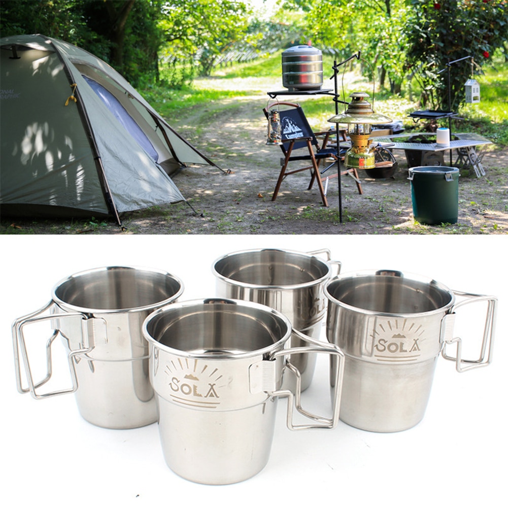 4 Pz/impostato Portatile Tazza di Caffè Manico Pieghevole barbecue tutto'aperto Arrampicata picnic Escursionismo Campeggio Tazza Articoli E Attrezzature per Acqua, Caffè, Tè di Birra in Acciaio Inox