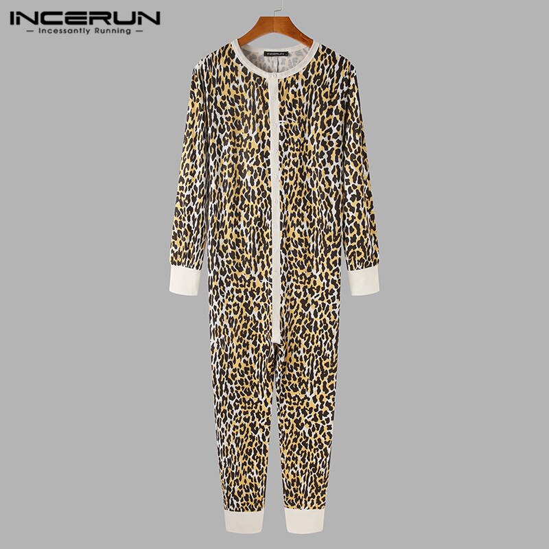 INCERUN pigiama da uomo tuta stampa leopardata manica lunga O collo Fitness tempo libero abbigliamento per la casa pagliaccetti 2021 accogliente uomo tuta da notte