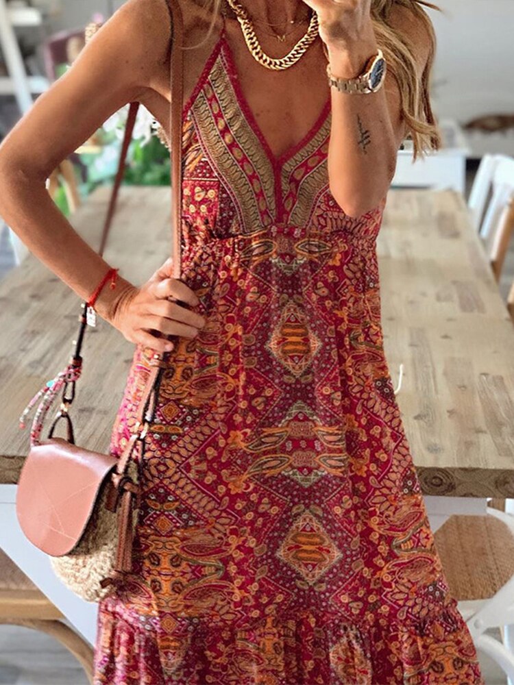 Vintage print v-hals maxi lange strandjurk dames tuniek strandbedekking strandkleding pareo's de playa mujer lange jurk strand