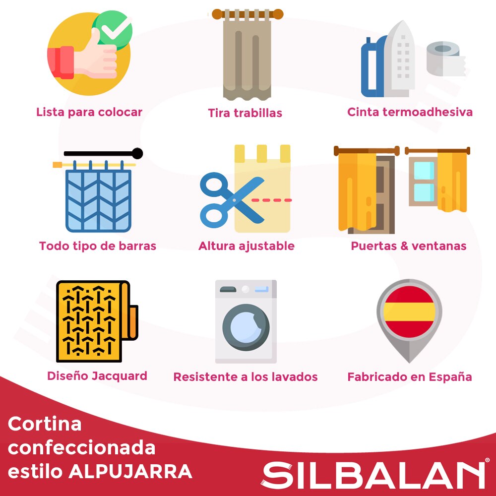 Cortina de trabillas alpujarra QUIJOTE avec cinta termoadhésif de 140x260 cm fabriqué en espagne | Silbalan |