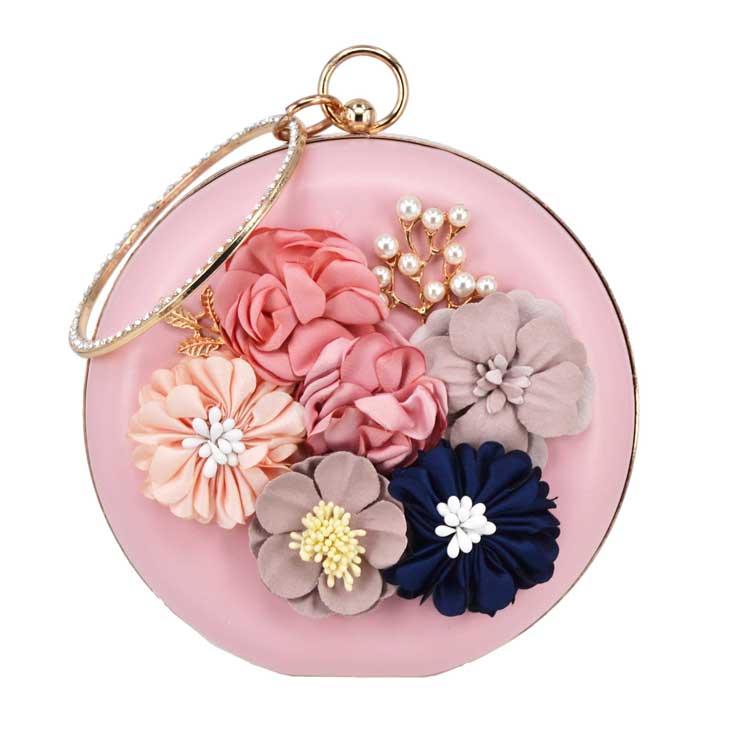 Bolso de mano Circular de pu con flores para mujer, cartera de mano de noche con Floral para , boda, x55: pink