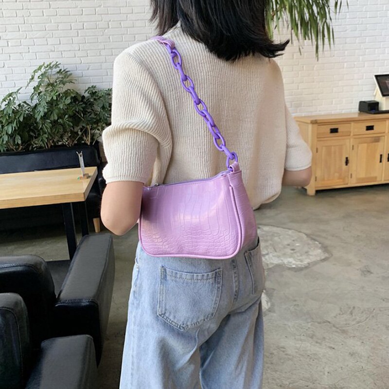 Bolso de mano Baguette con patrón de cocodrilo para mujer, cadena nueva, bolso de hombro pequeño, de bolsos de cuero,: Purple