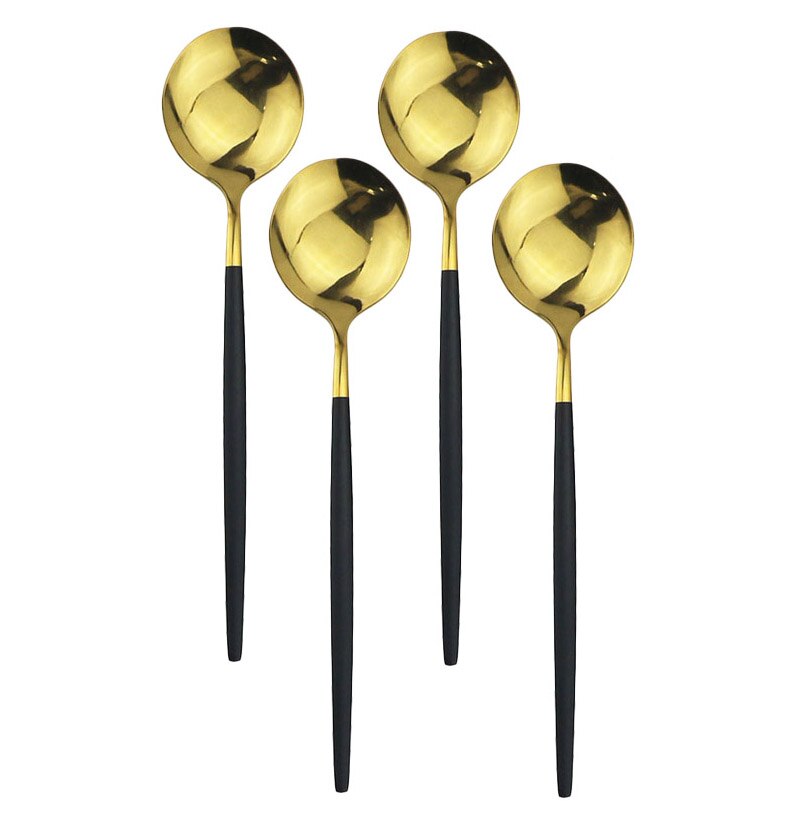 4Pcs Rosa Gold Geschirr Besteck Dessert Löffel Set Lange Griff Spiegel Löffel Besteck Küche Zubehör 304 Edelstahl: Black Gold