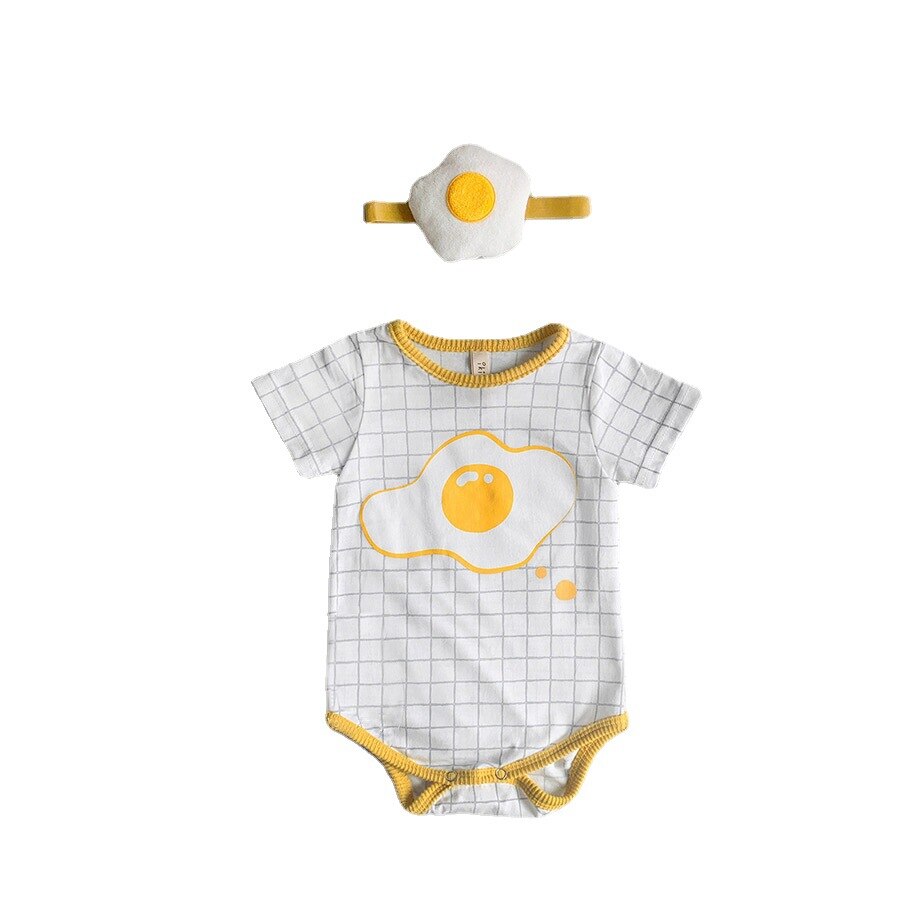 Body d'été en coton pour bébés garçons et filles, vêtements à carreaux, œufs pochés, motif de dessin animé, à la , avec bandeau à fleurs,