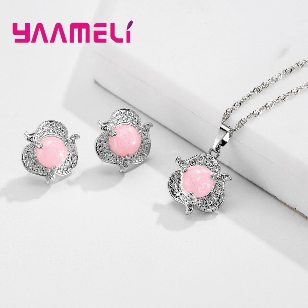 925 Sterling Silver Two Colors Opal Stone Pendant Necklace Earrings Jewelry Sets For Women Ladies Clear Cubic Zirconia