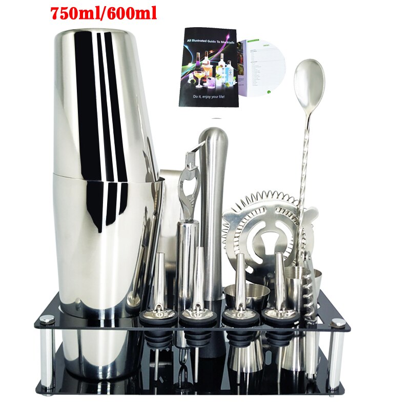 Premium Shaker Barware Set - 13 Pieces Bartender Kit Includes shaker , rack, spoon, pourer, straw & ice tong Cocktail Shaker: 13P 600750ML Rack