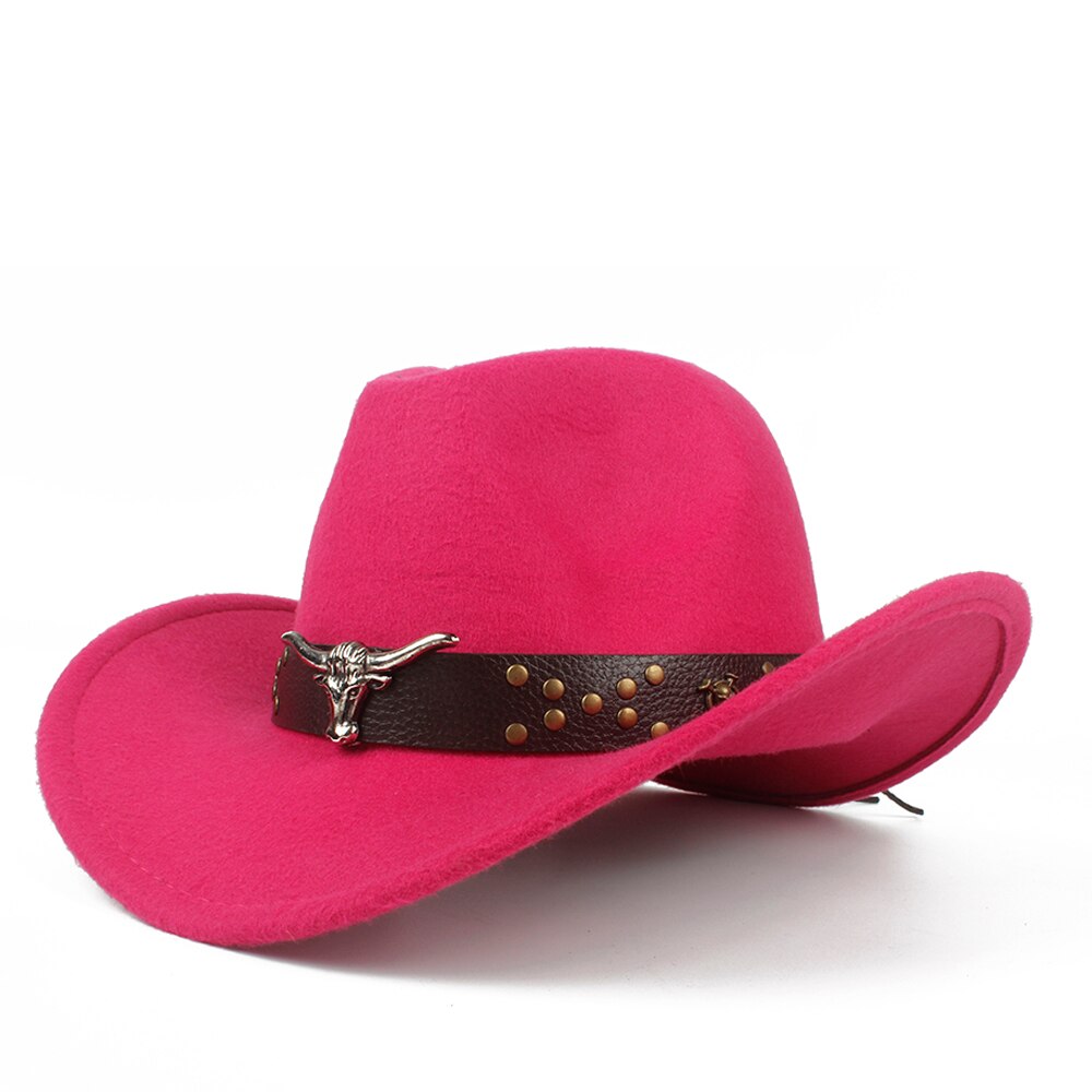Steampunk Child Kids Wool Hollow Western Cowboy Hat boy girl Outblack Sombrero Hombre Jazz Cap Size 52-54: Rose red