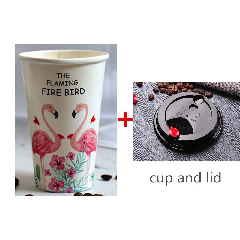 50pcs white flamingo cup 500ml disposable coffee cup party birthday favor beverage paper cup with love lid: cup and lid / 500ml 50pcs