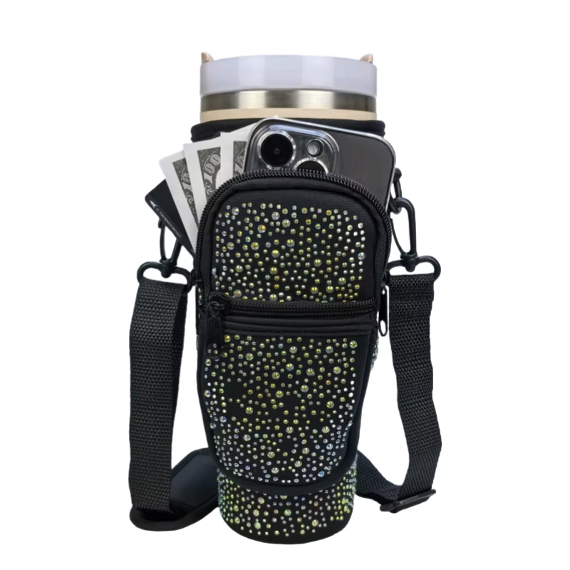 Waterfles draagtas voor beker 40/30 oz, geïsoleerde neopreen waterfleshouder Cross-body tas met verstelbare schouder: Black