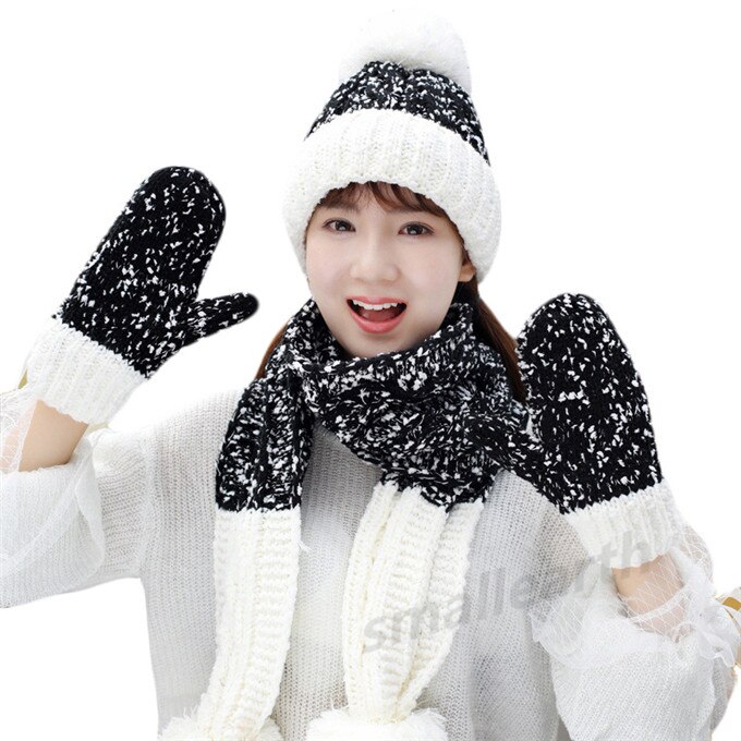 Conjunto de 3 piezas de gorros, bufandas y guantes de invierno para mujer, accesorios de invierno de punto grueso para niña, conjuntos de gorros, bufandas y guantes para mujer.: Negro 3 piezas