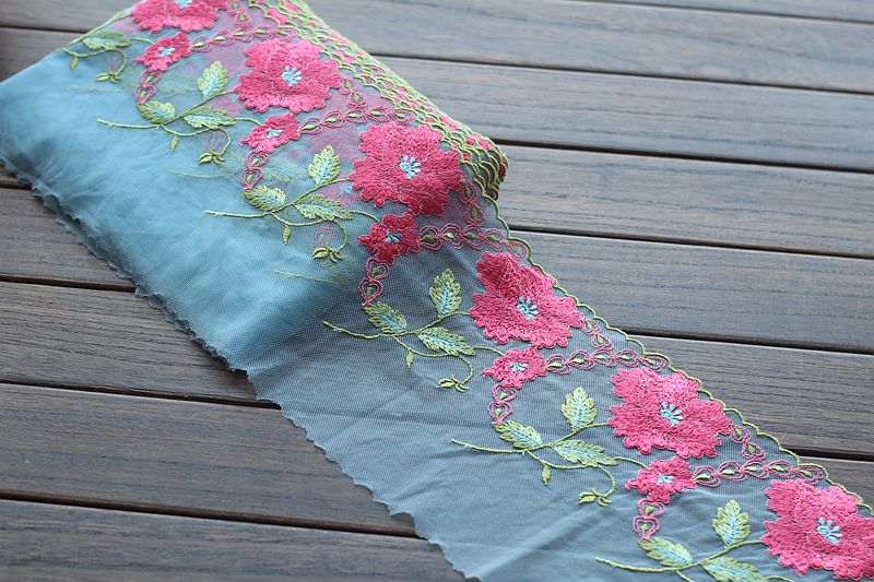 2yards/lot 18cm wide Embroidered Tulle Lace trim mesh lace trim ~ Blue + rose ~beautiful
