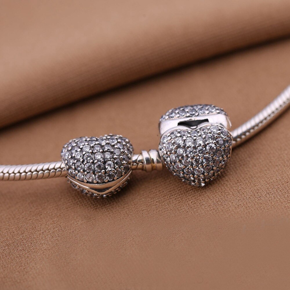 Original 925 Sterling Silber Funkelnden Herz Clip Charme passen Original-Pfanne Perlen Armbinde & Halskette Frauen Edlen Schmuck