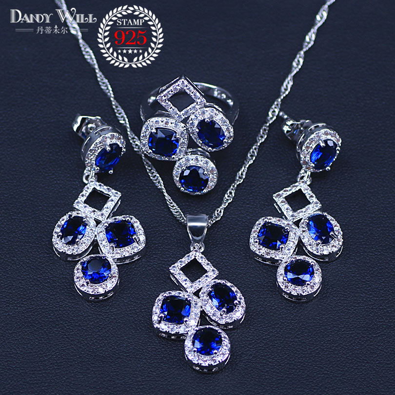 Zilveren bruidssieradensets met blauwe zirkonia, dameshangers en ketting, ring, oorbellen met natuursteen, armbanden en sieradendoos: Driedelige / 6