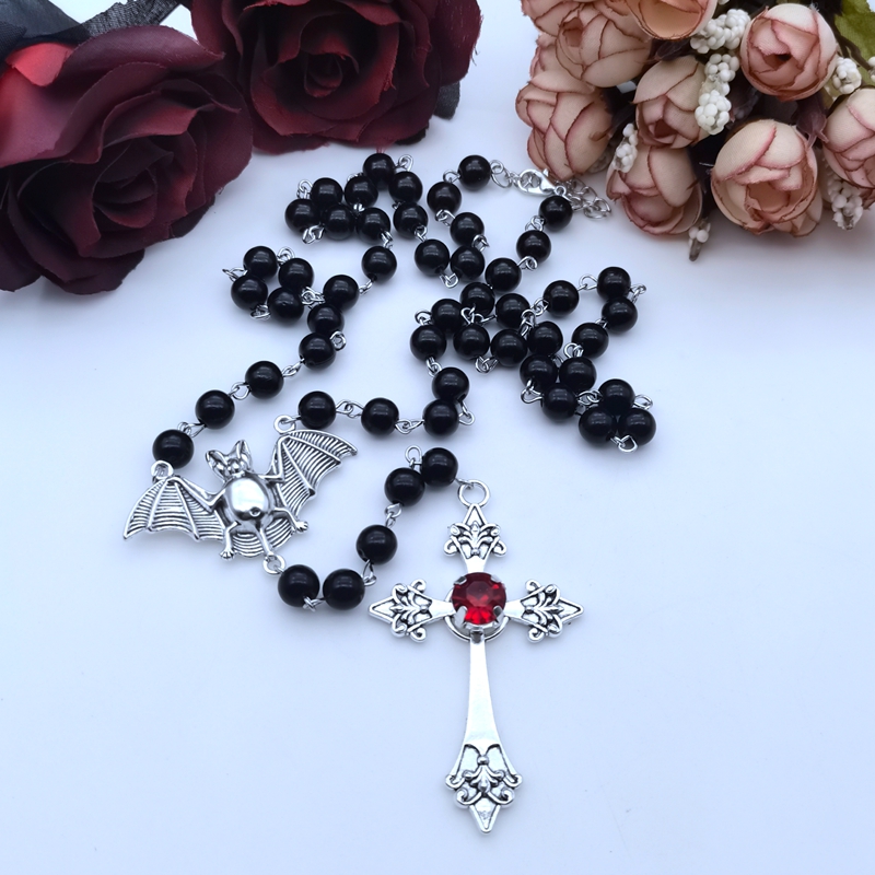 Neue Gothic Rosenkranz Halskette Gebetskette Perlen Handel Kreuz Halloween Anhänger Witcher Charme Gothic Schmuck Kreativität Halloween