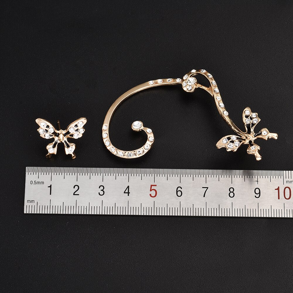 1 Pair Beauty Gold Butterfly Ear Cuff Clip Earrings Crystal Rhinestone ear cuffs Earring For Women Girl Er900