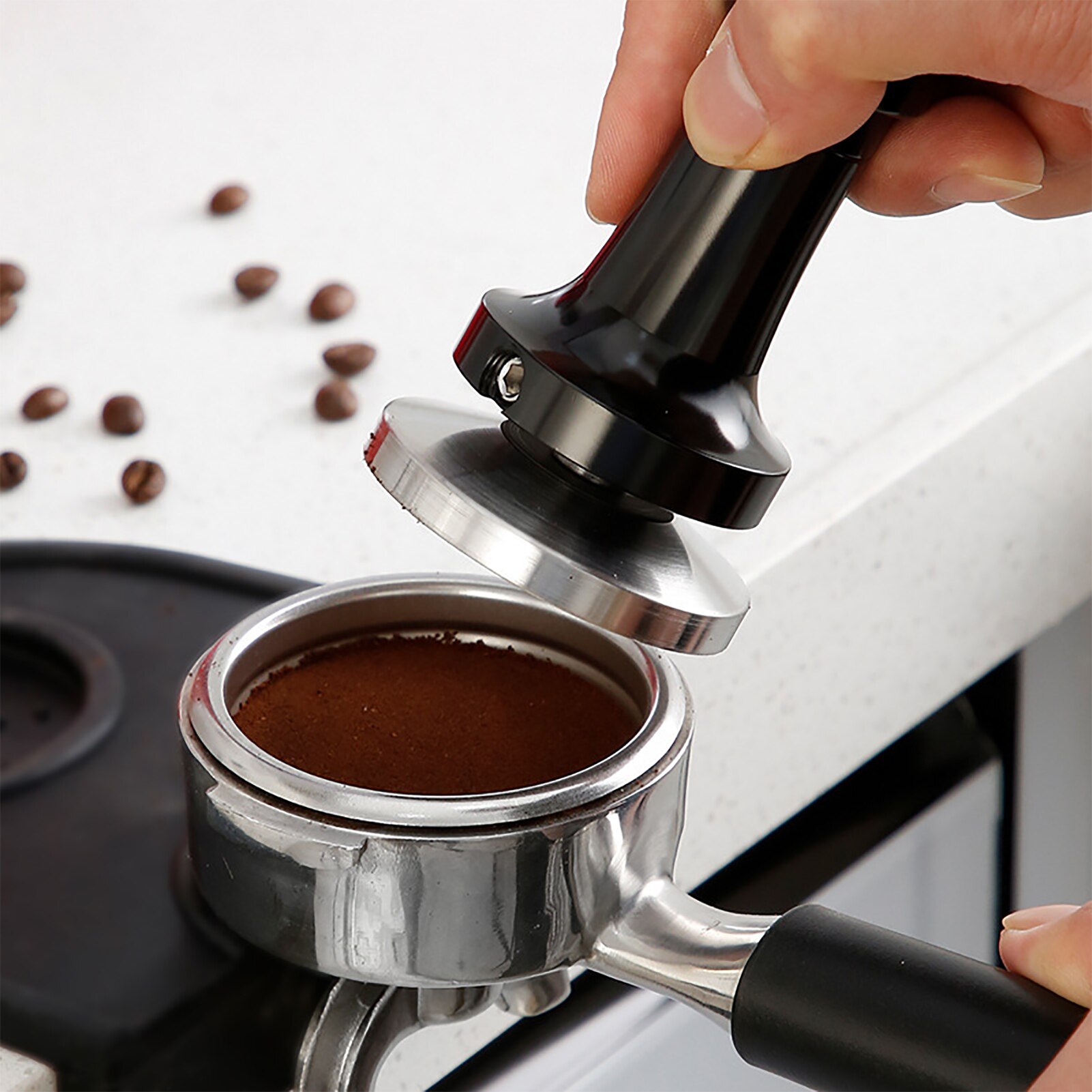 58mm Calibrated Pressure Tamper For Coffee 304 Stainless Steel With Spring Base Horizontal Tool For Barista Coffee Accessories