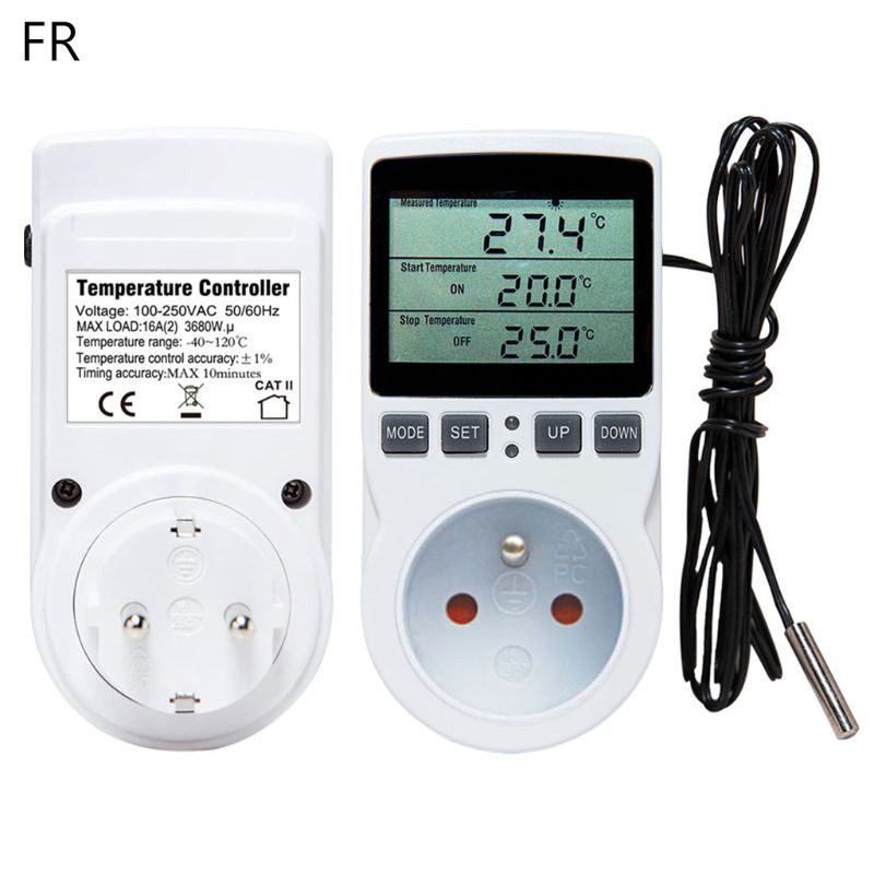 Multi-Function Thermostat Digital Temperature Controller Socket Outlet w/ Timer Switch Sensor Probe Heating Cooling 16A: FR