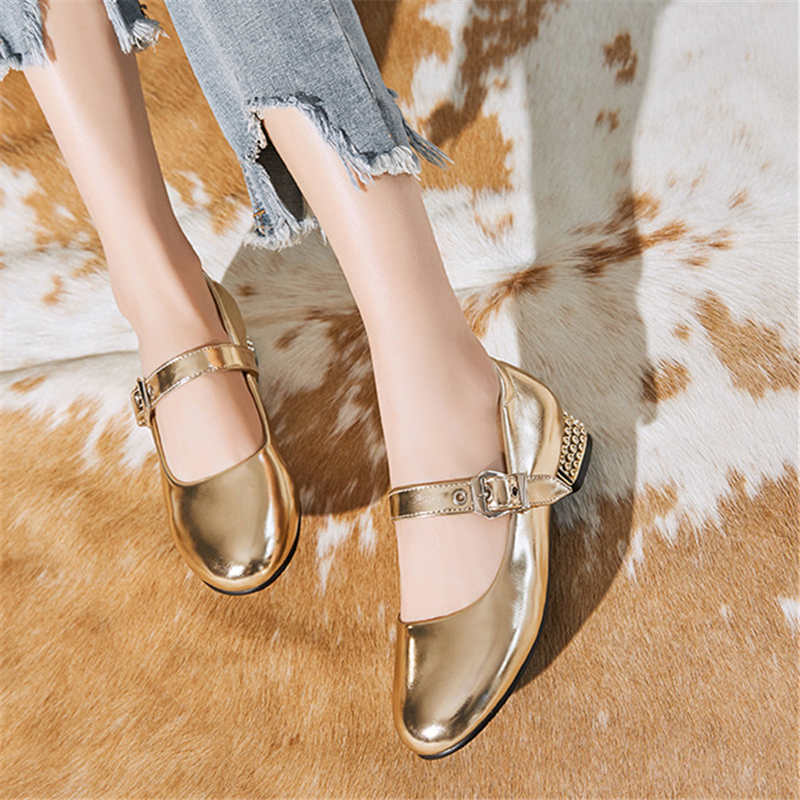 Odetina Vrouwen Mode Blok Chunky Hak Antislip Casual Schoenen Dames Vintage Gesp Ronde Neus Beknopte Mary janes Schoenen: Goud / 6