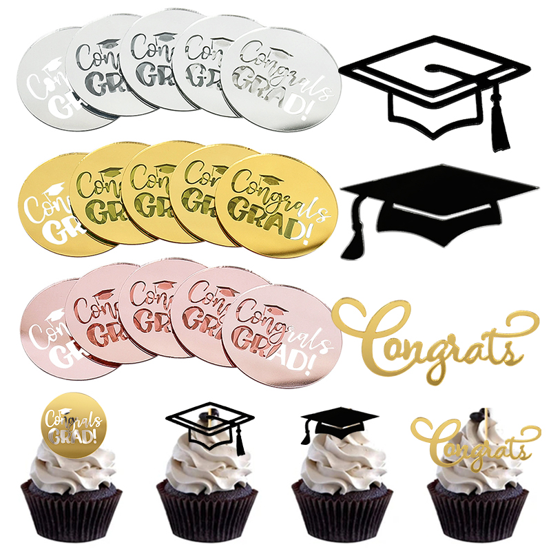 10pcs Congrats Grad Cupcake Toppers Class Of Bachelor Cap Acrylic Cake Toppers For Celebrate Graduation Party Cake Decor