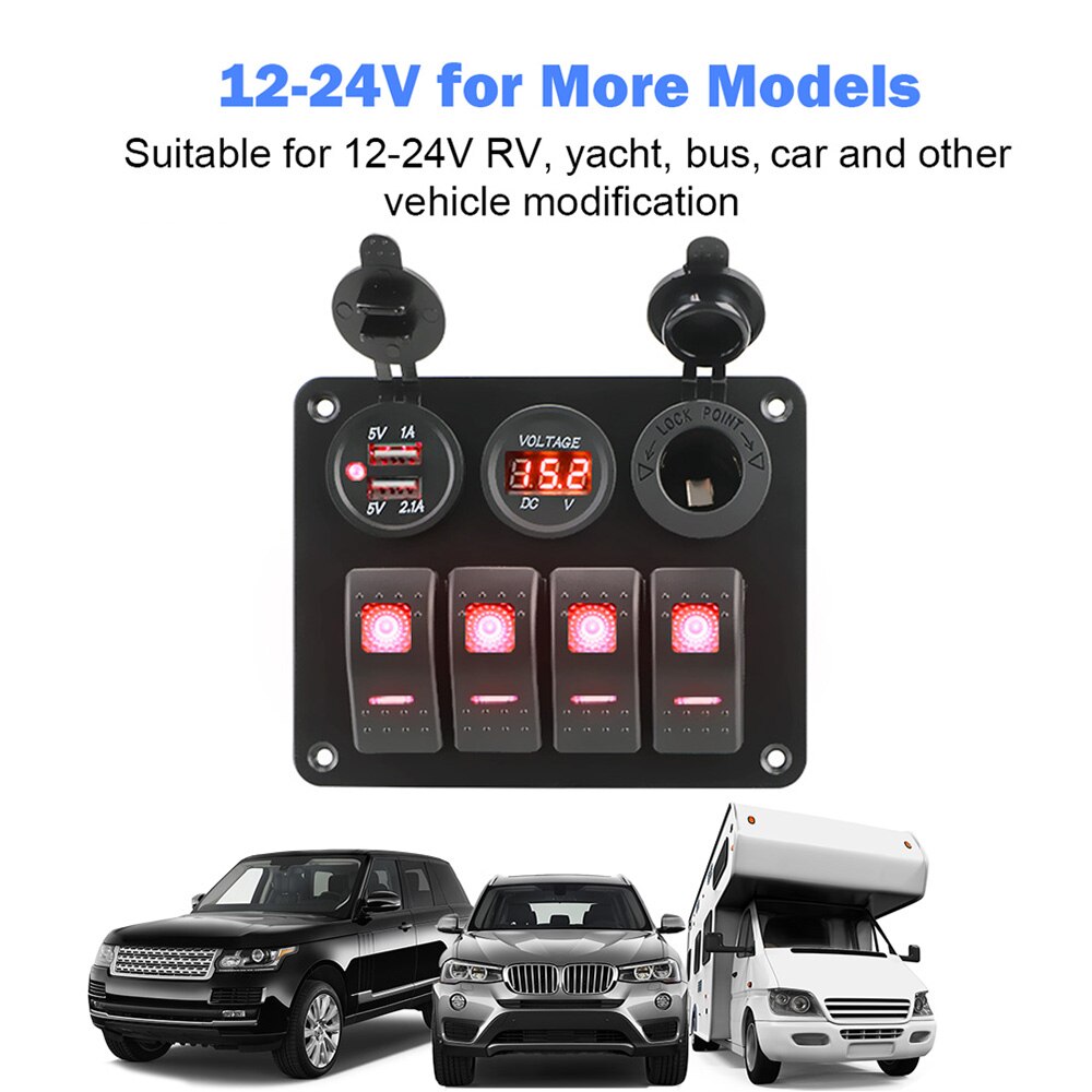 4 gangs 12v/24v led vippebryter panel dobbel usb port effektbryter vanntett digital voltmeter for bil rv campingvogn campingvogner