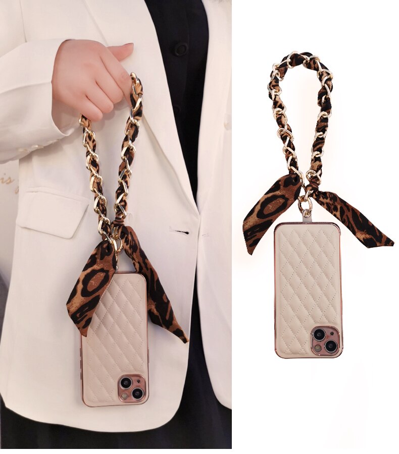 Leopard Print Silk Scarf Chain Hand Lanyard Phone Wrist Strap Anti-lost Lanyard Strap bag Anti-lost Lanyard Plush Strap Mobile