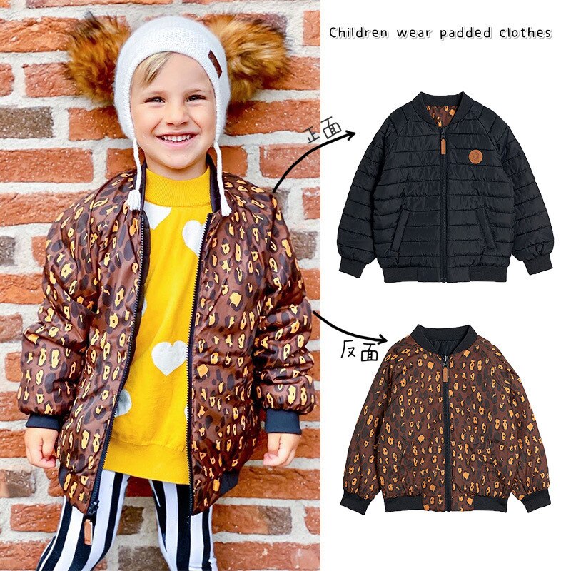 Chaqueta de algodón acolchada para niños y niñas, ropa de invierno con estampado de leopardo, abrigo negro,