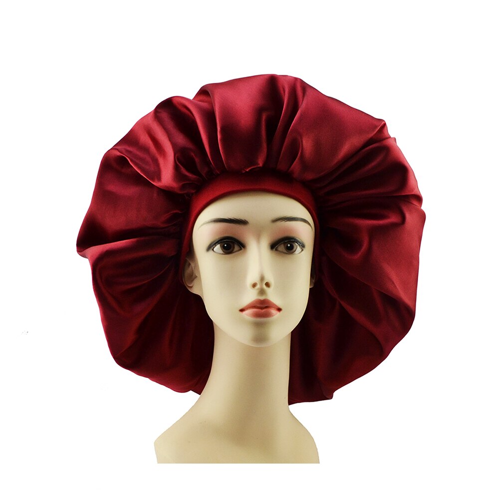 Big Size Satin Silk Bonnet Sleep Night Cap Head Cover Bonnet Hat For Curly Springy Hair: Wine Red