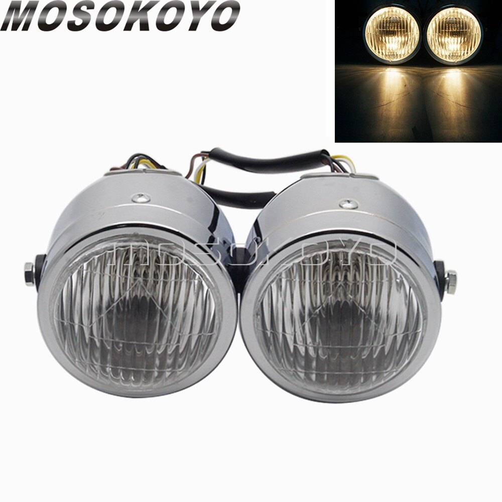 Motorcycle Twin Round Dominator Headlight 3.5" Double Dual Lamp Front Headlamp for Harley Cafe Racer Old School Chopper Bobber: A Chrome Clear