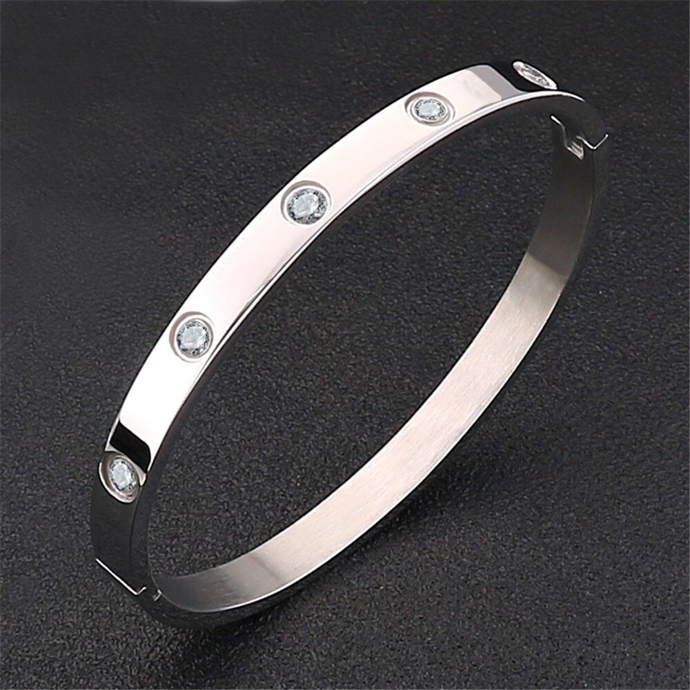 Pulseiras de design oval luxo aço inoxidável abertura rosa ouro zircão pedra amor pulseira pulseira feminino jóias menina acessórios: Silver width 4mm
