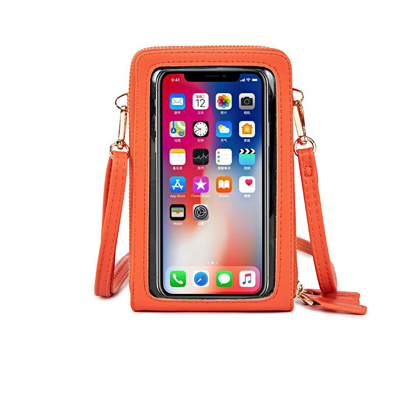 Transparent Touchable Cell Phone Pocket Women's Shoulder Bag Pu Leather Ladies Crossbody Bags Female Small Handbag Purse: Orange