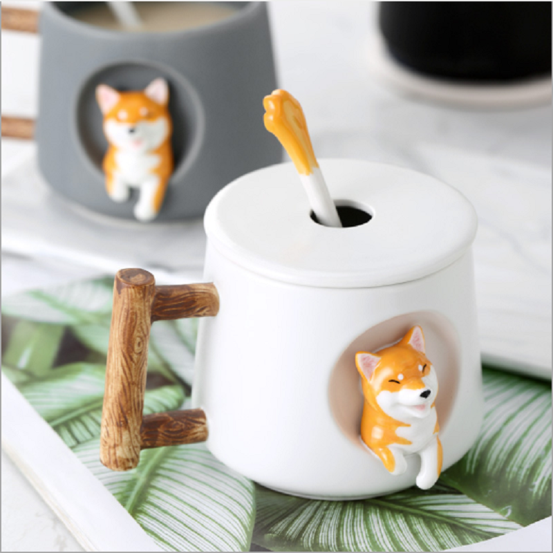 Cartoon Ceramic Mug Cute 3D Shiba Inu Dog Spoon Milk Tea Coffee Cup