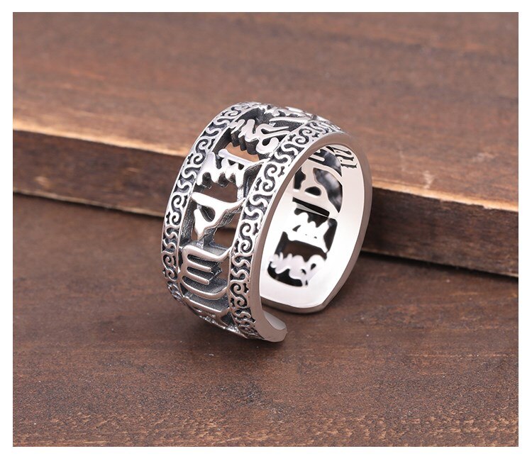 Fatto a mano 100% 925 Argento Tibetano Sei Parole Anello Buddista OM Mantra Anello Buona Fortuna Anello Resizable