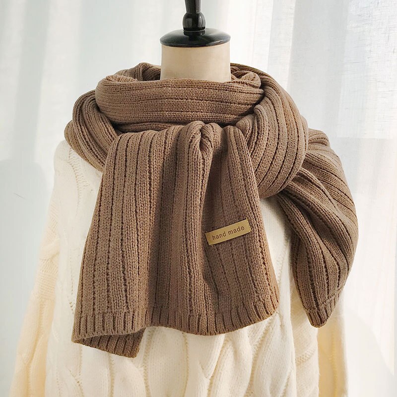 Uspop vinter tørklæde tykke lange kvinder tørklæder ensfarvet strikket sjal indpakker kvindelige blødt strik par tørklæder: Brun