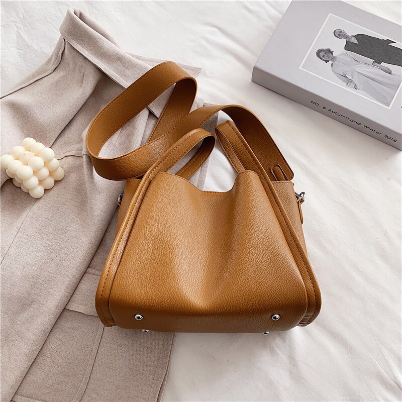 Casual Grote Capaciteit Emmer Zak Vrouwen Schouder Crossbody Tassen Luxe Pu Leer Composite Pakket Vrouwelijke Handtas Portemonnee: brown