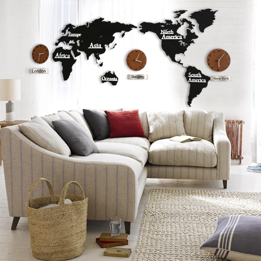 3D World Map Large Wall Clock DIY Wooden MDF Digital Wall Clock wood watch Modern European Style Round Mute relogio de parede