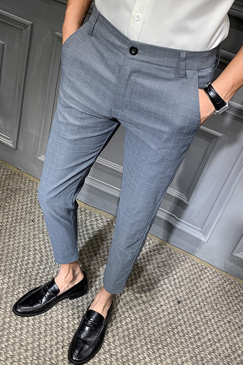 Brittisk stil herr rutiga byxor sommar affärsformella byxor för män slim fit ankellånga kontorsbyxor herr 34-28