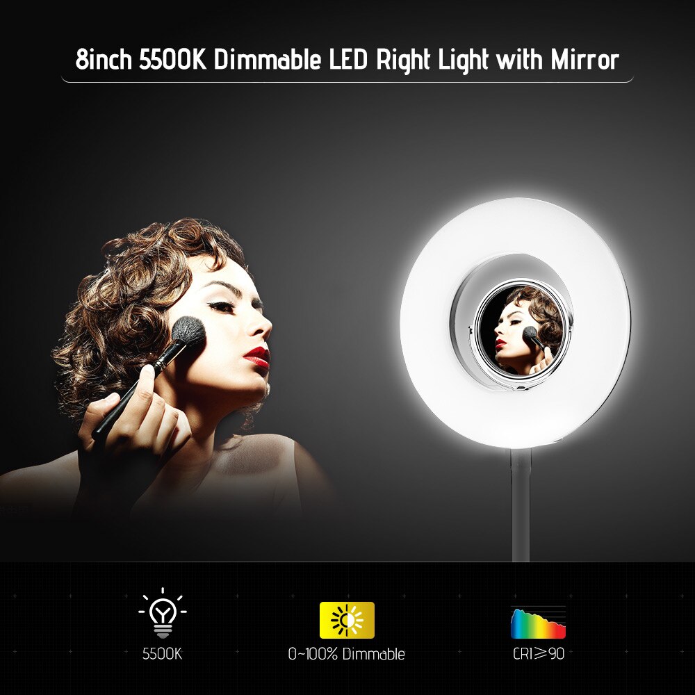 Andoer Tafelblad 8 inch 5500 K LED Vedio Ring Licht 24 W met Make Spiegel Deskclip Buigbare Pole voor Foto Live Video Verlichting