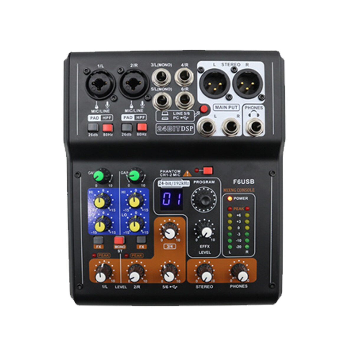 LEORY Mini 6 Channels Audio DJ Karaoke Sound Mixer Mixing Console With DSP Effect 16 Types For PC Audio KTV Meeting