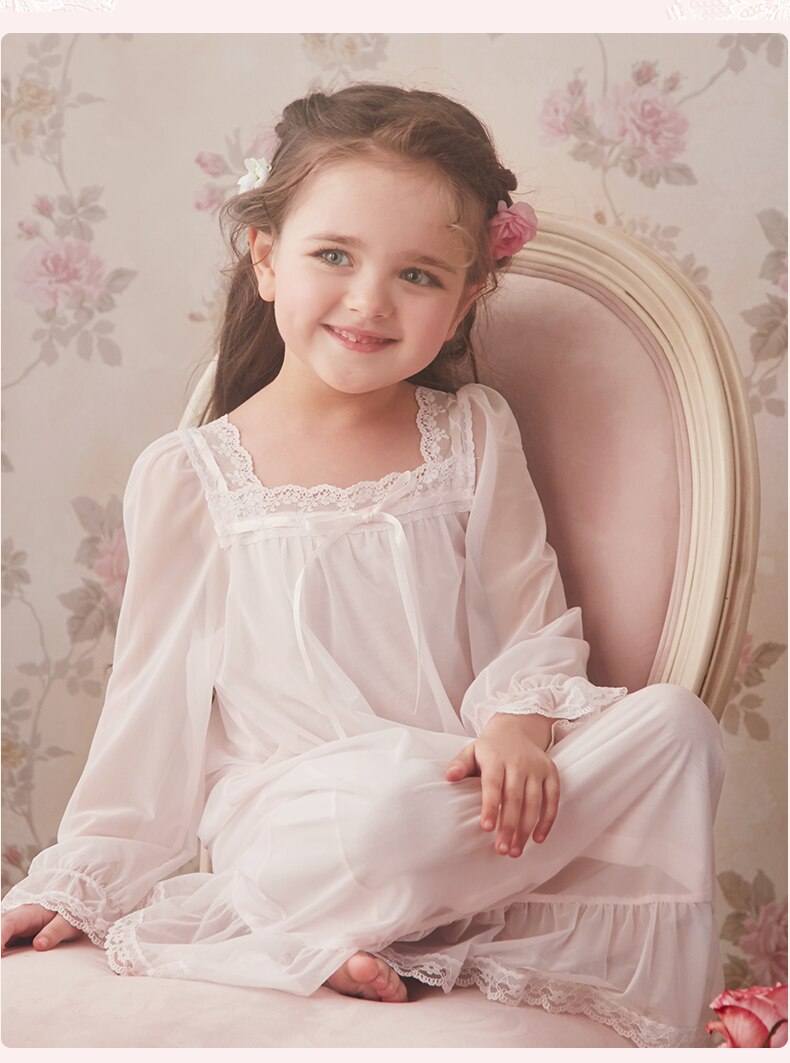 Camisón de princesa para niñas pequeñas, vestido de dormir de malla de encaje, manga larga, longitud media