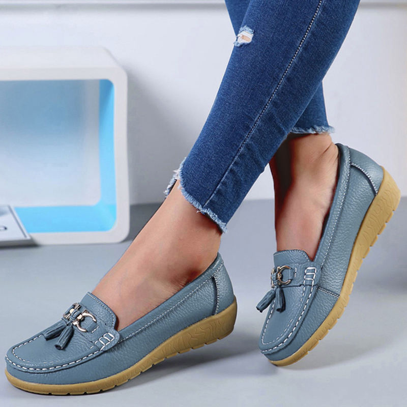 Ægte læder dame flade sko afslappet damesko mokkasiner sko dame slip-on flade sko sorte damesko plus size