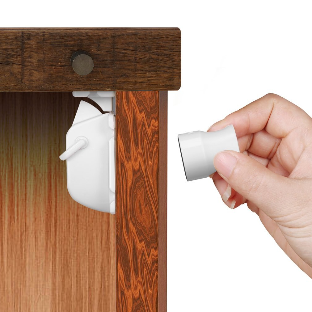 White Plastic Easy to Install Safety Baby Magnetic Cabinet Locks - No Tools Or Screws Needed (4 Locks + 1 Key)