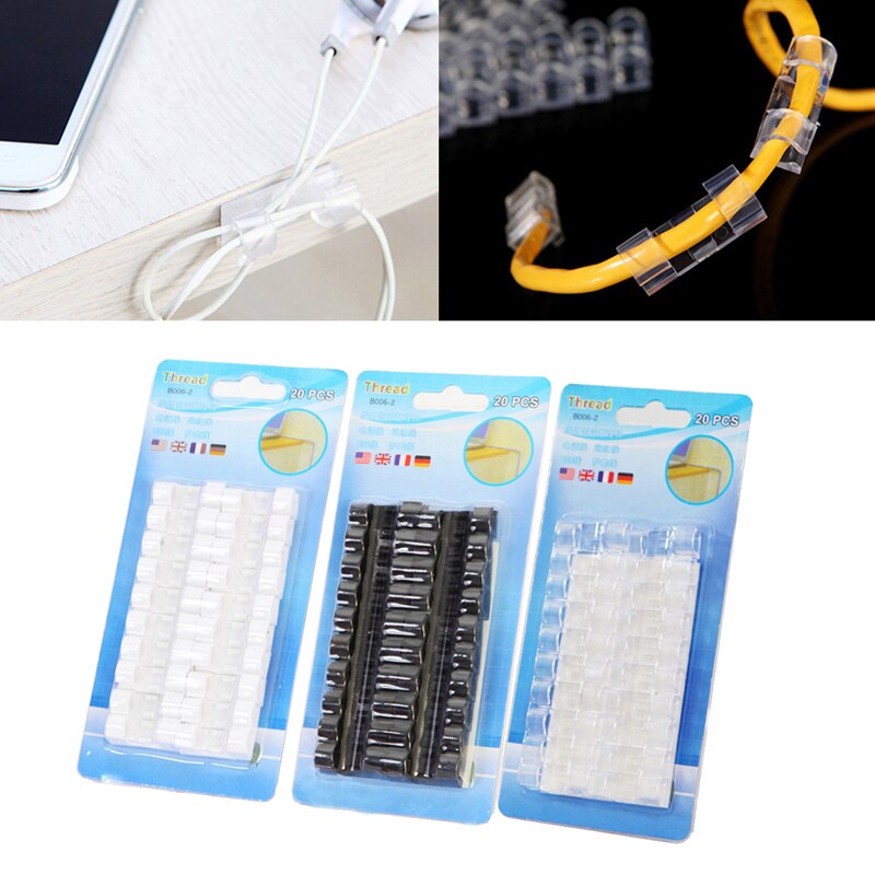 20 Pcs Cord Wire Cable Plastic Clips Self Adhesive Clamp Organizer Fixer M4YD